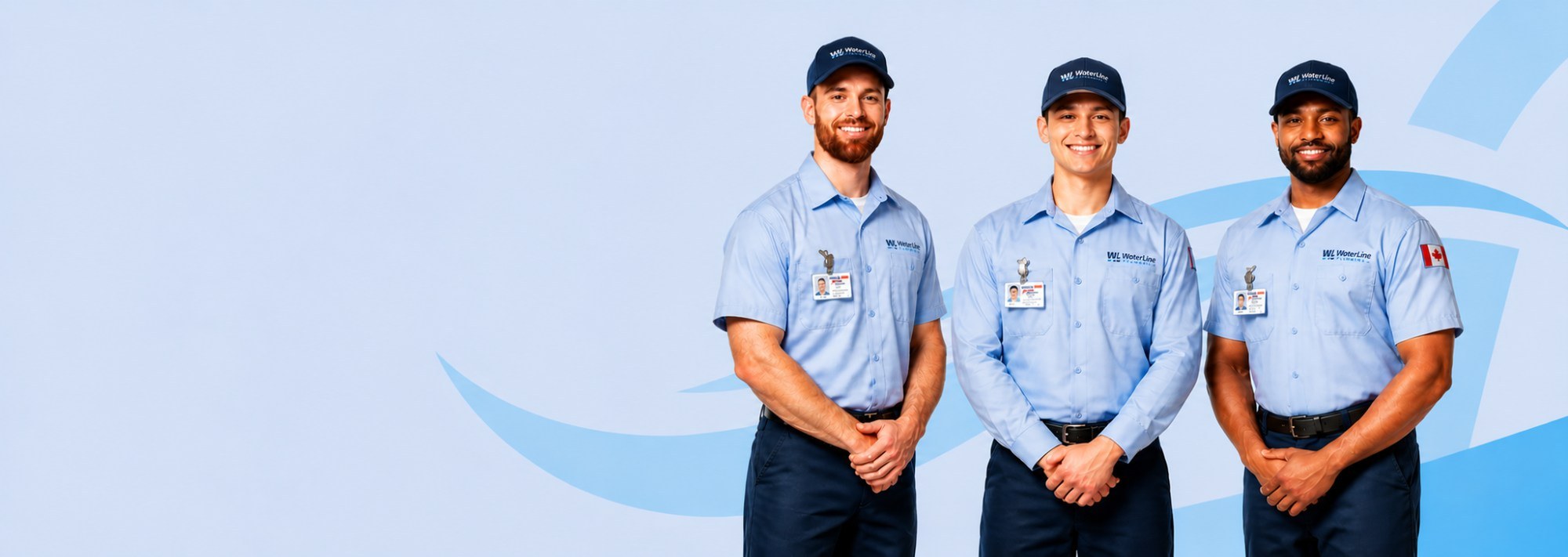 Three uniformed WaterLine plumbing technicians ready for residential and commercial service in Surrey