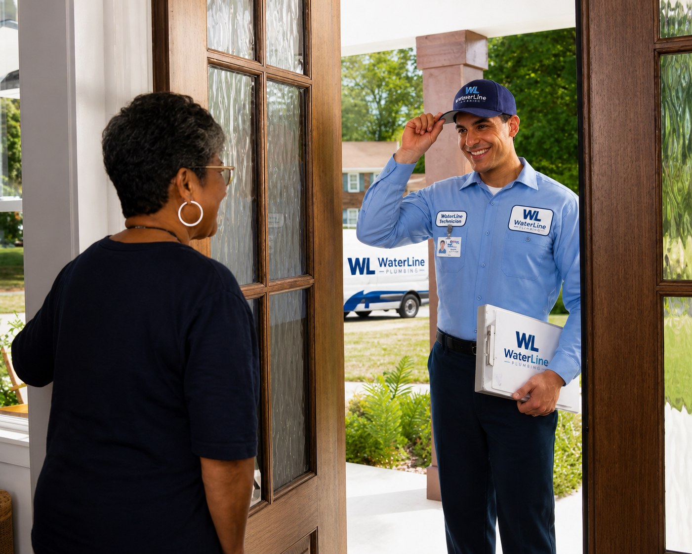 Home Plumbing Inspection in Surrey BC WaterLine technician greeting a homeowner for a scheduled plumbing inspection in Surrey