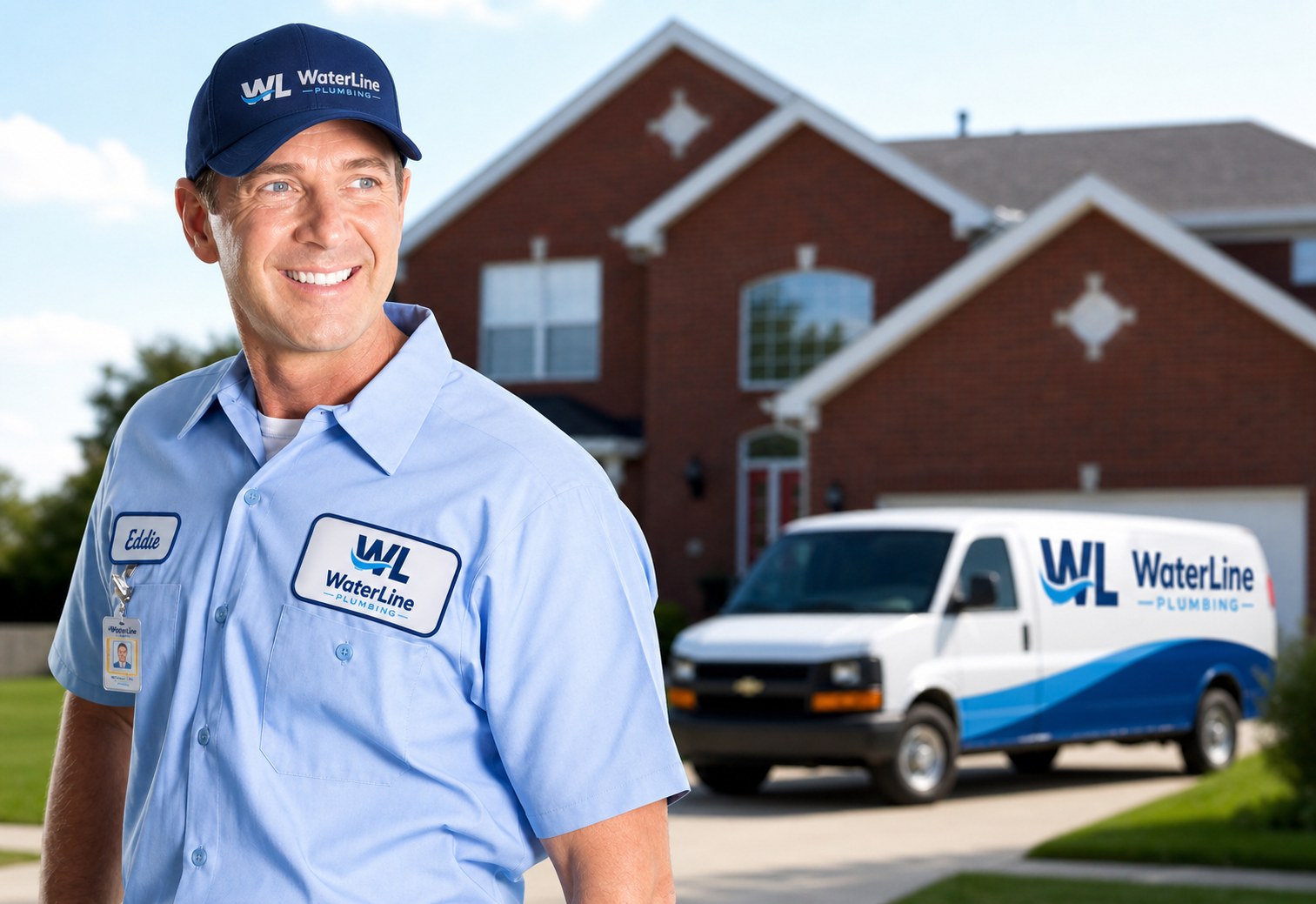 Uniformed WaterLine plumber beside a branded service van at a Surrey home