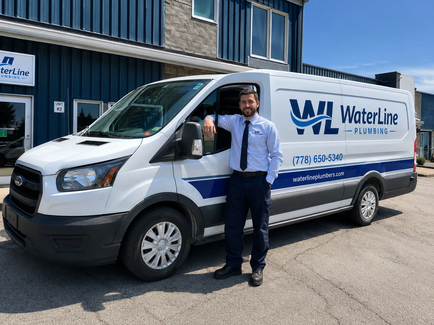 WaterLine Plumbing owner standing beside a branded service van outside the Surrey BC office