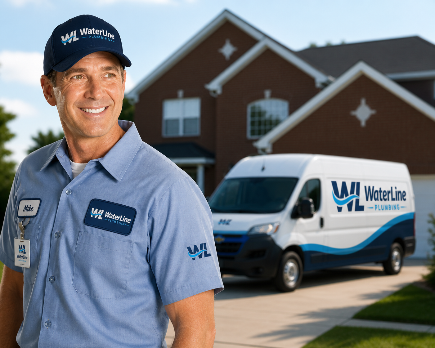Mike, founder and master plumber of WaterLine Plumbing, in front of a company van in Surrey BC
