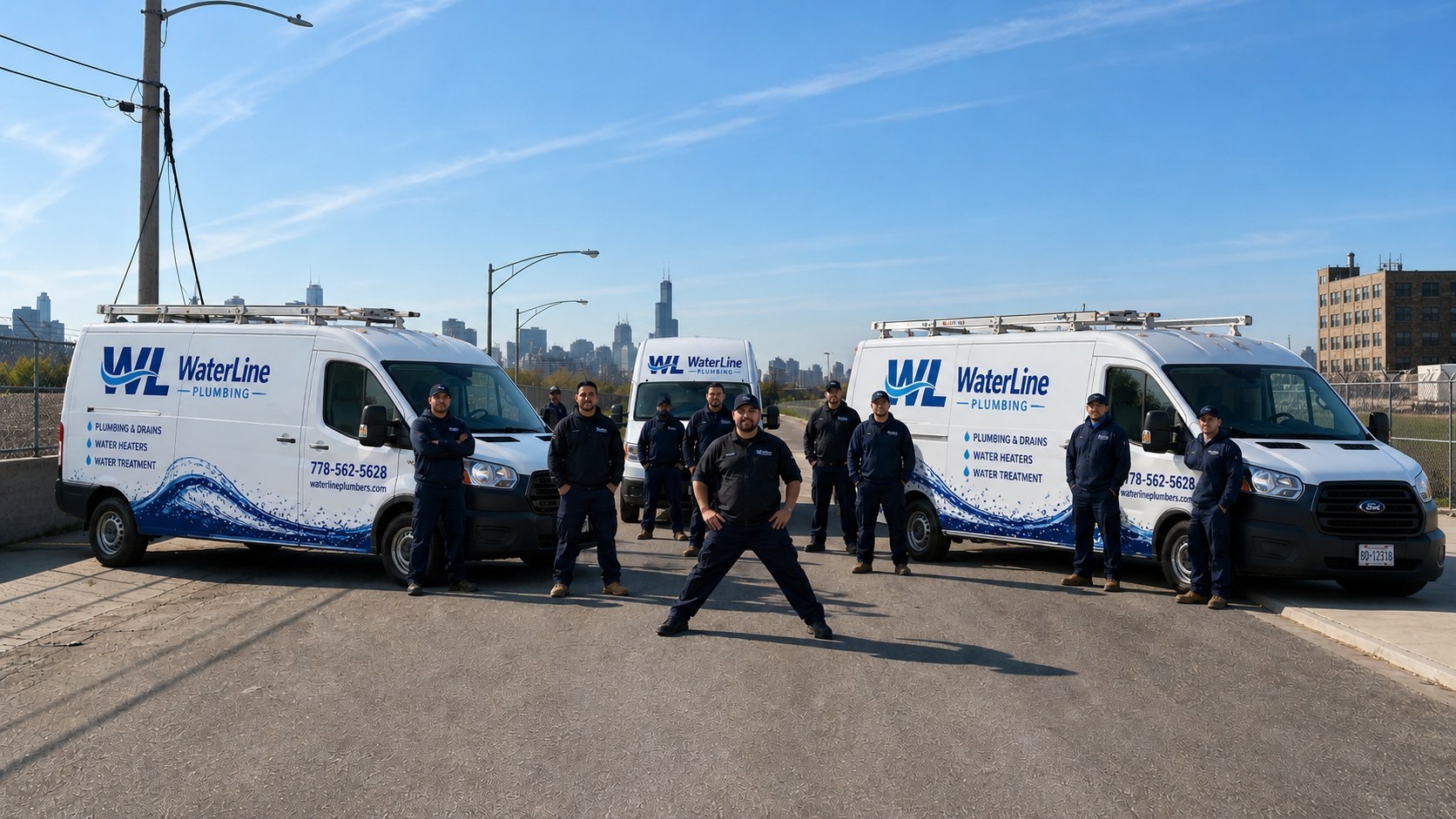 WaterLine technicians and branded service vehicles supporting residential and commercial plumbing calls across Surrey